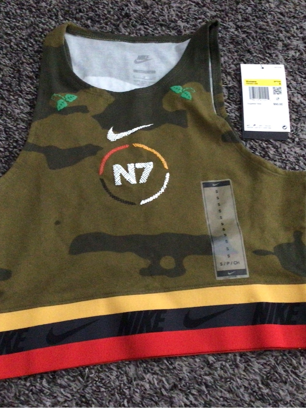 Nike Olive Green Camo Sports Bra with Teal Leaf Accent